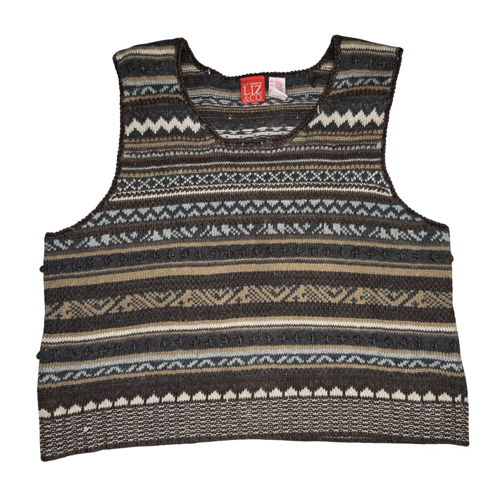 90s Size L Liz Claiborne Liz & Co Brown Fair Isle Knit Sweater Vest Ramie Cotton